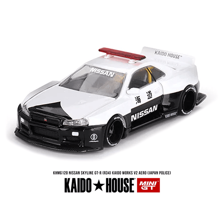 Kaido House x Mini GT - Nissan Skyline GT - R (R34) Kaido Works V2 Aero - Japan Police - Top CollectiblesDiecastMini GT