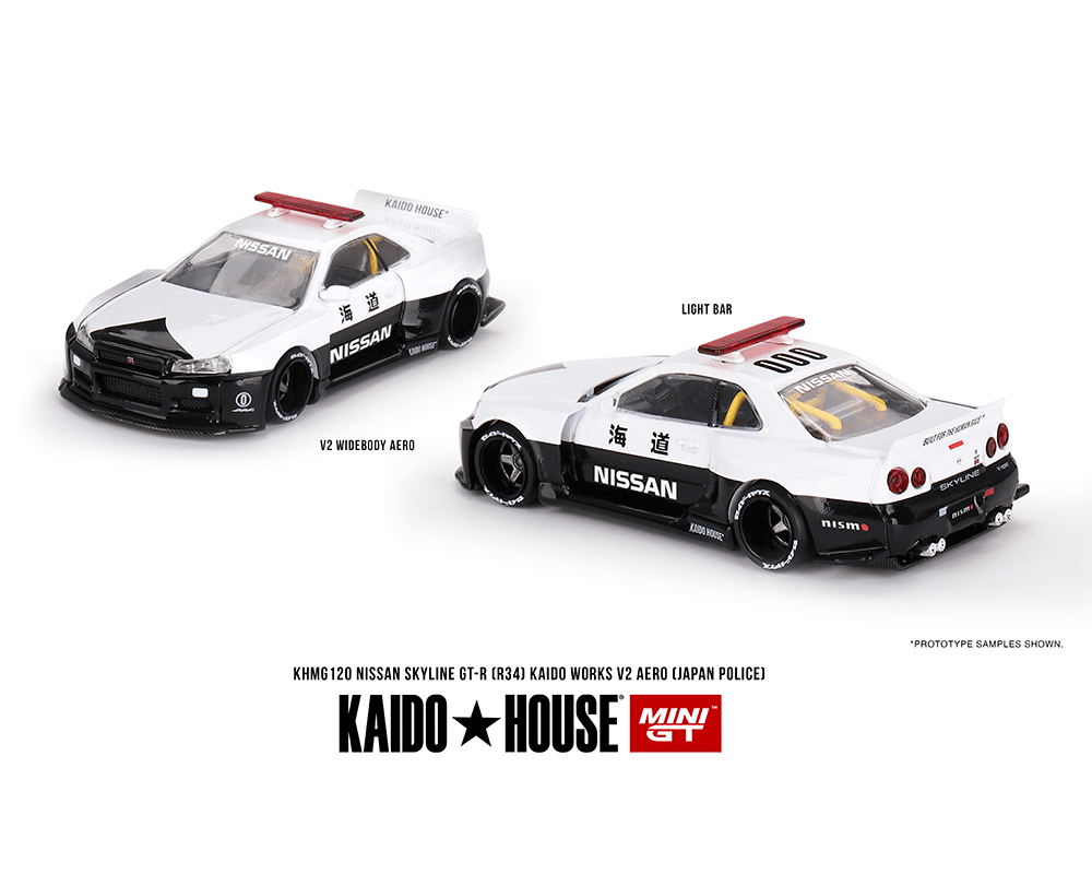 Kaido House x Mini GT - Nissan Skyline GT - R (R34) Kaido Works V2 Aero - Japan Police - Top CollectiblesDiecastMini GT