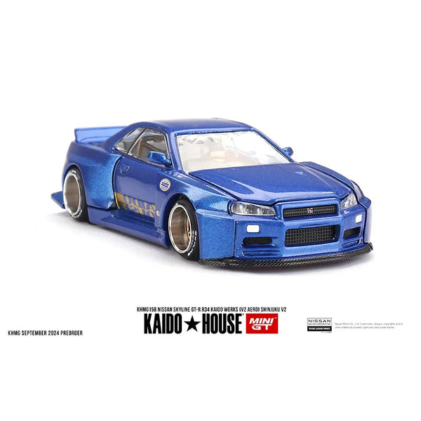 Kaido House x Mini GT - Nissan Skyline GT - R (R34) Kaido Works (V2 Aero) SHINJUKU V2 - Blue *Sealed, Possibility of a Chase - Pre - Order* - Top CollectiblesDiecastMini GT