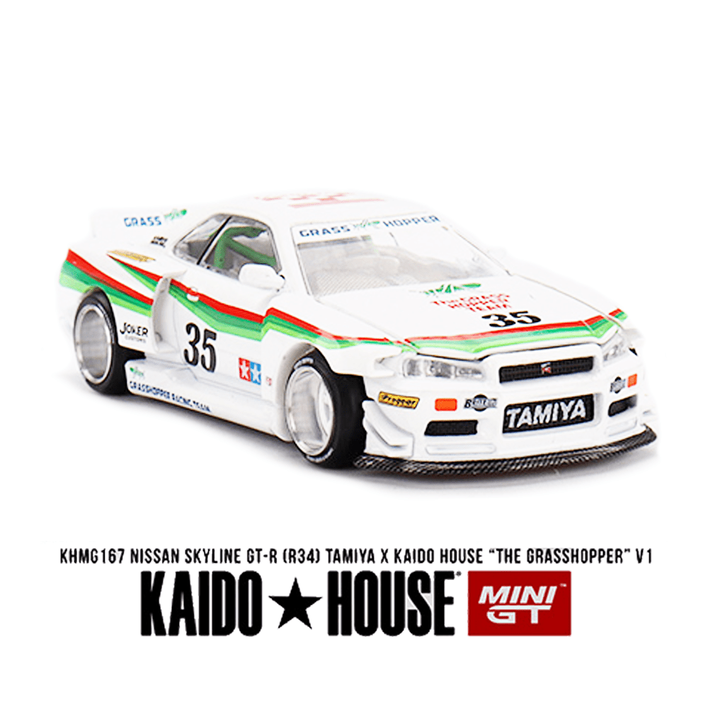 Kaido House x Mini GT - Nissan Skyline GT - R (R34) Tamiya X Kaido House “The Grasshopper” V1 – White *Sealed, Possibility of a Chase - Pre - Order* - Top CollectiblesDiecastMini GT