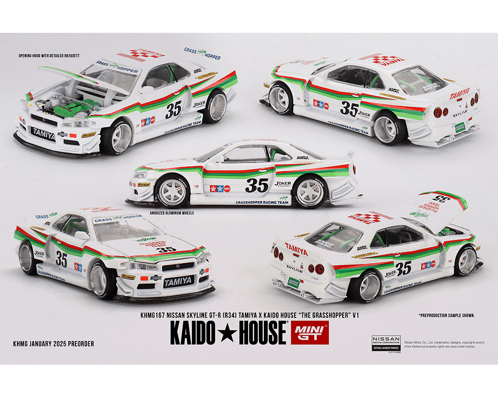 Kaido House x Mini GT - Nissan Skyline GT - R (R34) Tamiya X Kaido House “The Grasshopper” V1 – White *Sealed, Possibility of a Chase - Pre - Order* - Top CollectiblesDiecastMini GT