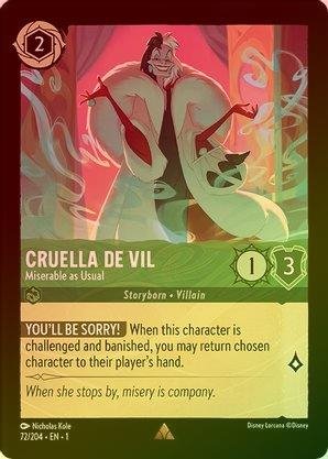 Lorcana - Cruella de Vil (Miserable as Usual) - 72/204 - Rare (Foil) - The First Chapter - Top CollectiblesCollectible CardsLorcana