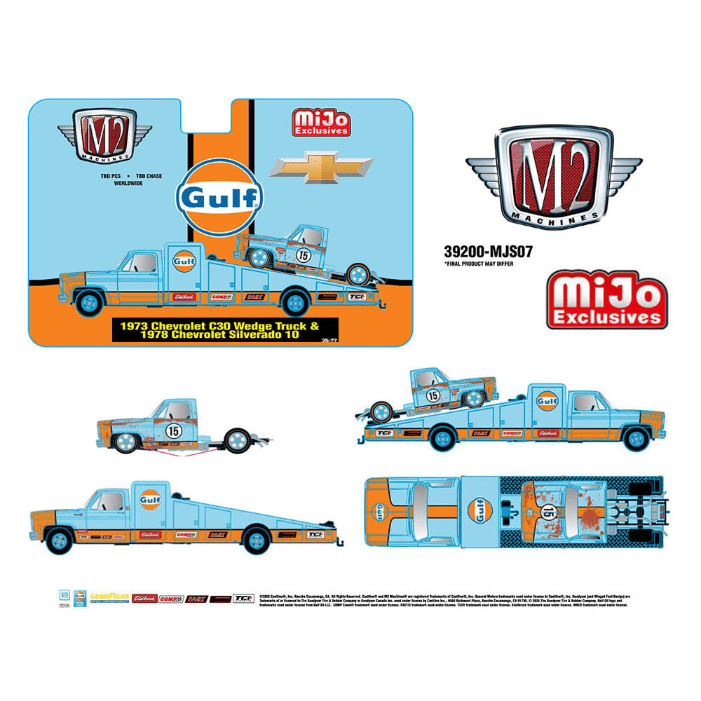 M2 Machines - 1973 Chevrolet C30 Wedge Truck & 1978 Chevrolet Silverado 10 Bedless Gulf Livery – Blue - 2025 Auto - Haulers Series *Pre - Order* - Top CollectiblesDiecastM2 Machines