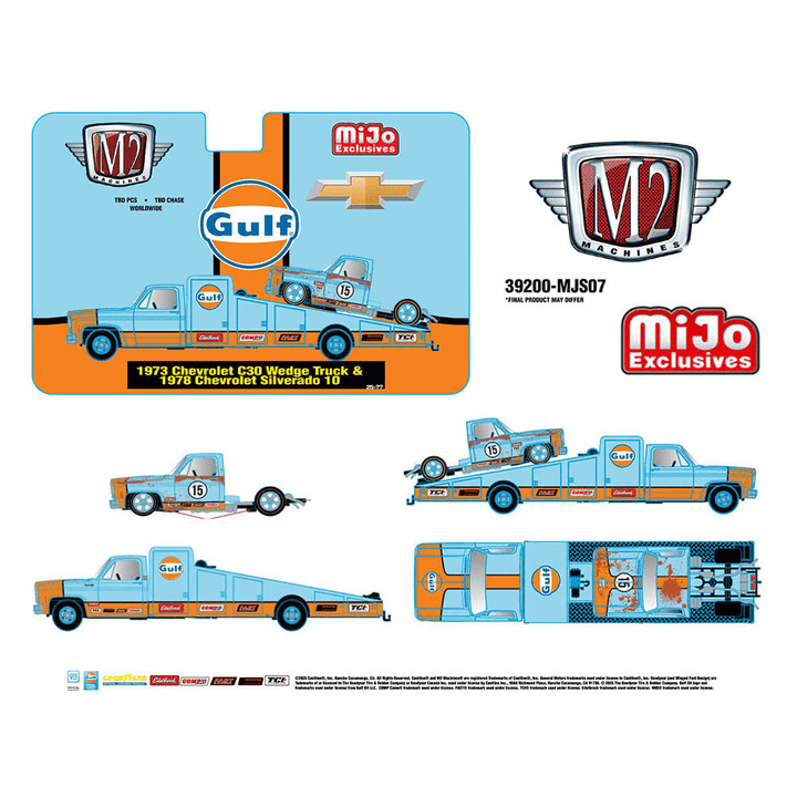 M2 Machines - 1973 Chevrolet C30 Wedge Truck &amp; 1978 Chevrolet Silverado 10 Bedless Gulf Livery – Blue - 2025 Auto - Haulers Series *Pre - Order* - Top CollectiblesDiecastM2 Machines
