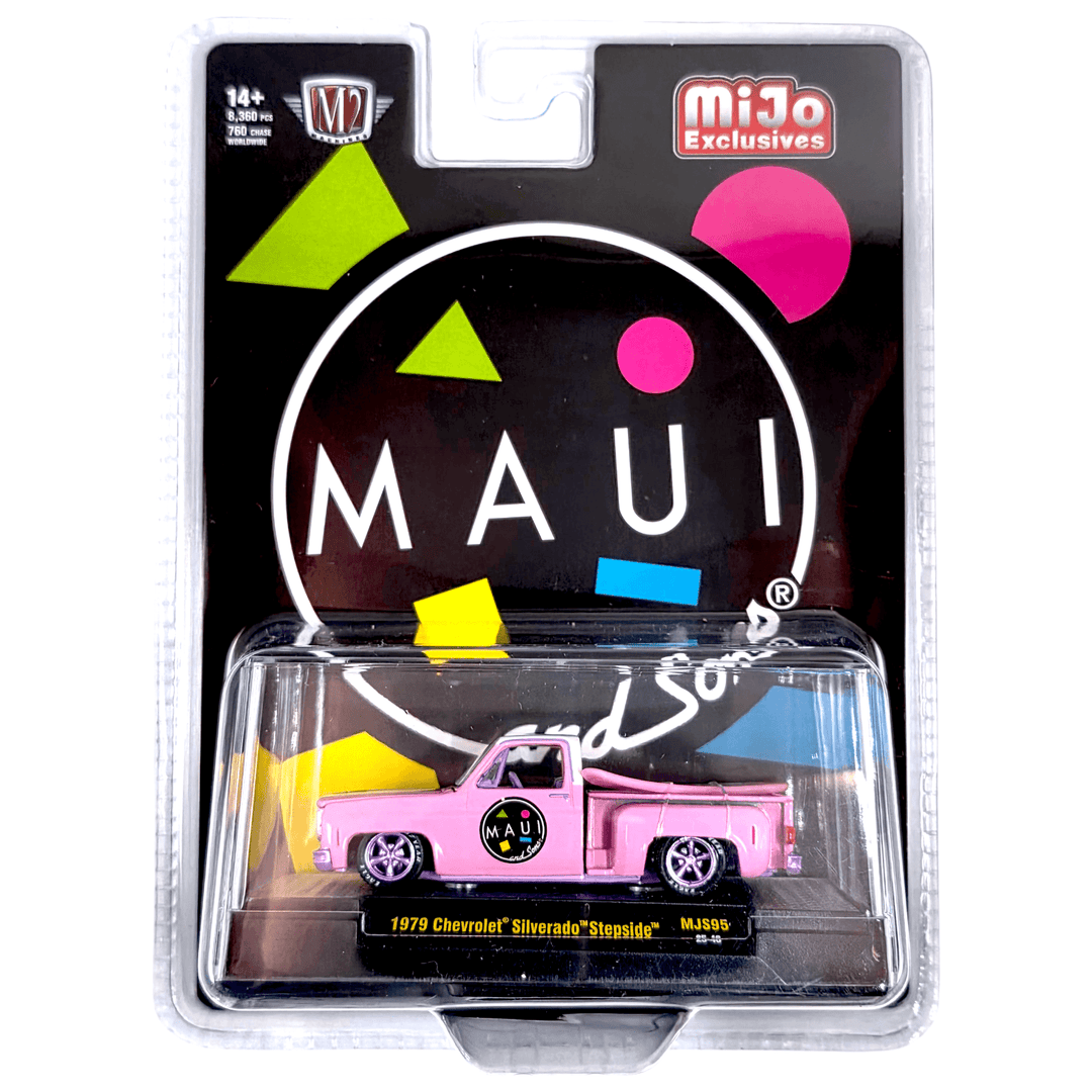 M2 Machines - 1979 Chevrolet Silverado Stepside with Surfboard Maui & Sons – Pink – MiJo Exclusives Limited Edition *Chase* - Top CollectiblesDiecastM2 Machines
