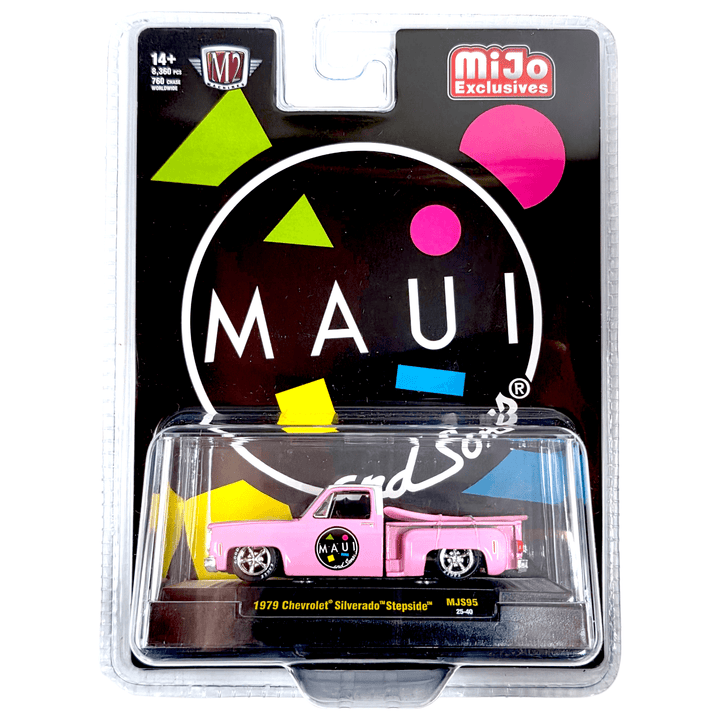 M2 Machines - 1979 Chevrolet Silverado Stepside with Surfboard Maui &amp; Sons – Pink – MiJo Exclusives Limited Edition - Top CollectiblesDiecastM2 Machines