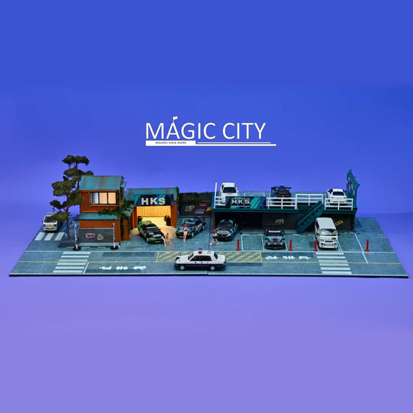 Magic City - HKS Japanese Building & Double Decker Parking Lot Diorama *1/64 Scale* - Top CollectiblesDiecastMagic City