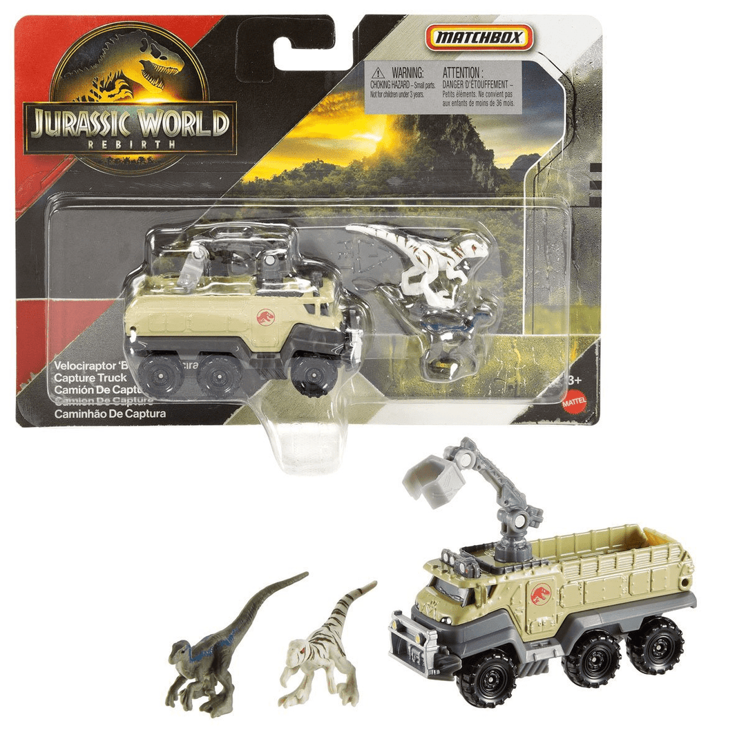 Matchbox - Velociraptor "Blue" &amp; Atrociraptor Capture Truck - 2025 Jurassic World Rebirth Dino Transporters Series - Top CollectiblesDiecastMatchbox