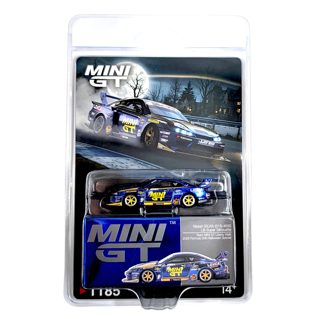 Mini GT - Nissan LB-Super Silhouette S15 SILVIA 555 Team MINI GT Liberty Walk 2025 Formula Drift Halloween Special – Chrome Blue - Top CollectiblesDiecastMini GT