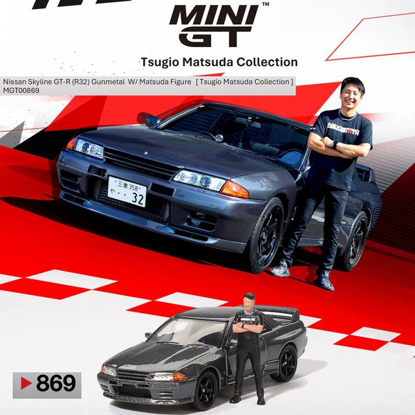 Mini GT - Nissan Skyline GT - R (R32) Nismo Gunmetal W/ Matsuda Figure – Tsugio Matsuda Collection *Pre - Order* - Top CollectiblesDiecastMini GT