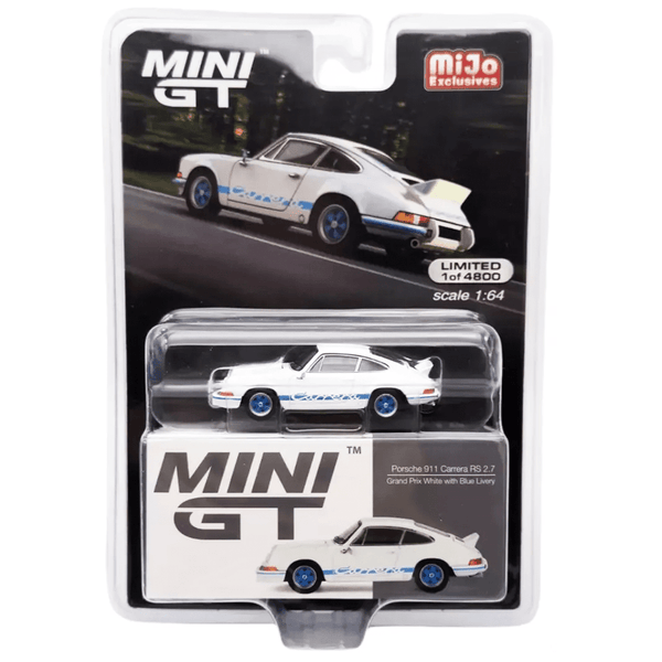 Mini GT - Porsche 911 Carrera RS 2.7 Grand Prix – White with Blue Livery - Top CollectiblesDiecastMini GT