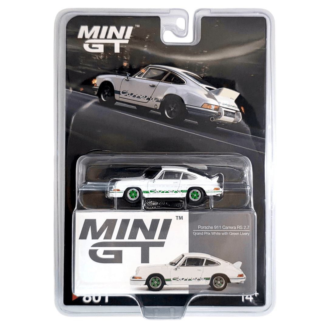 Mini GT - Porsche 911 Carrera RS 2.7 Grand Prix – White with Green Livery - Top CollectiblesDiecastMini GT
