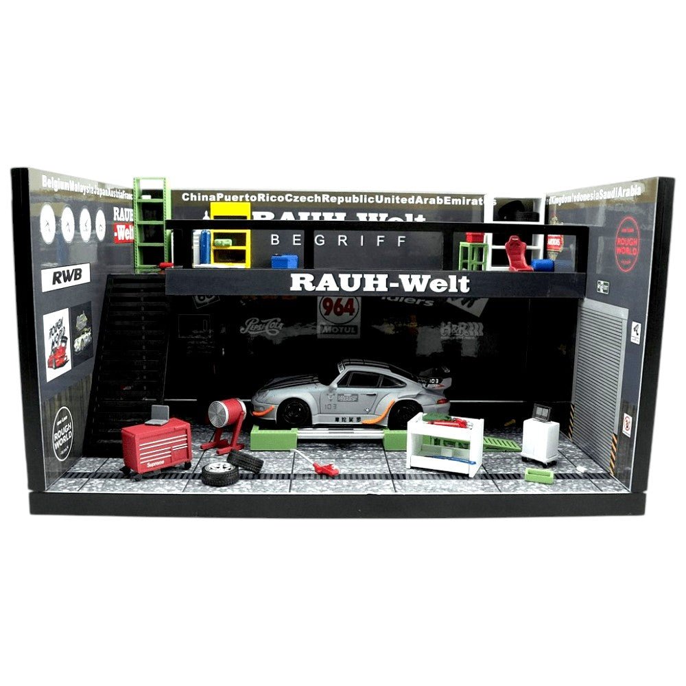 MotorHelix - Garage Scene Diorama Set - RWB Theme Garage Black - Top CollectiblesDiecastMotorHelix