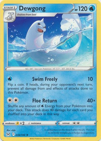 Pokemon - Dewgong - 034/196 - Rare - Sword &amp; Shield: Lost Origin Series - Top CollectiblesCollectible CardsPokémon