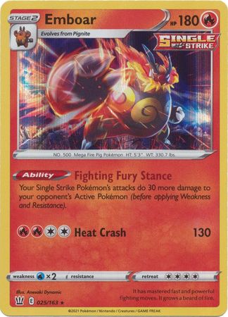 Pokemon - Emboar - 025/163 - Holo Rare - Sword &amp; Shield: Battle Styles Singles - Top CollectiblesCollectible CardsPokémon