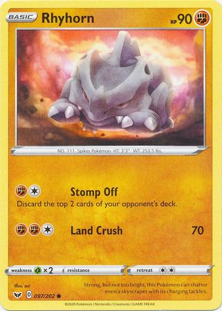 Pokemon - Rhyhorn - 097/202 - Common - Sword &amp; Shield: Base Set Series - Top CollectiblesCollectible CardsPokémon