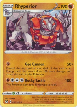 Pokemon - Rhyperior - 091/196 - Rare - Sword & Shield: Lost Origin Series - Top CollectiblesCollectible CardsPokémon