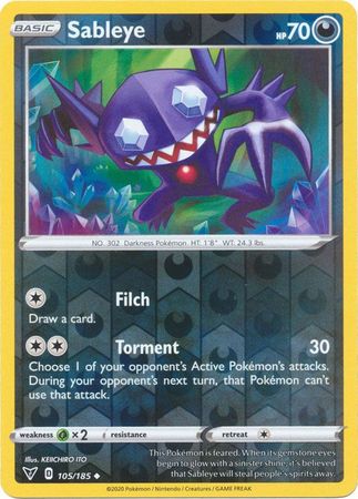 Pokemon - Sableye - 105/185 - Uncommon Reverse Holo - Sword & Shield: Vivid Voltage Series - Top CollectiblesCollectible CardsPokémon