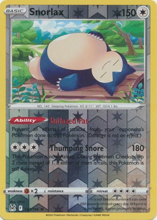 Pokemon - Snorlax - 143/196 - Holo Rare Reverse Holo - Sword & Shield: Lost Origin Series - Top CollectiblesCollectible CardsPokémon