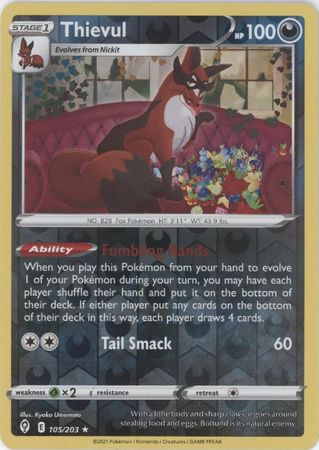Pokemon - Thievul - 105/203 - Rare Reverse Holo - Sword &amp; Shield: Evolving Skies Series - Top CollectiblesCollectible CardsPokémon