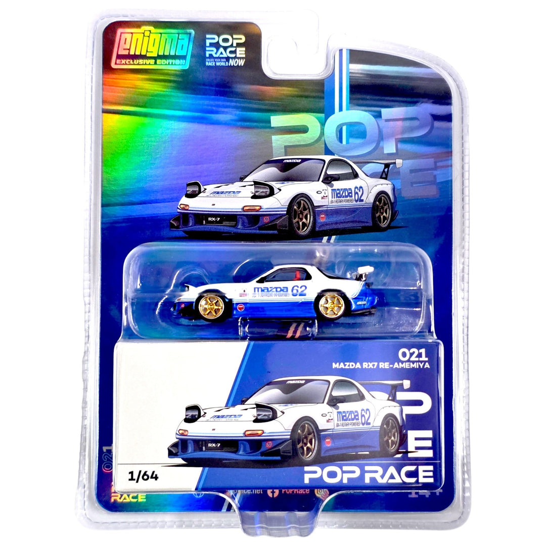 Pop Race - Mazda RX7 RE-AMEMIYA - White / Blue *Enigma Exclusive Edition - Chase* - Top CollectiblesDiecastPop Race