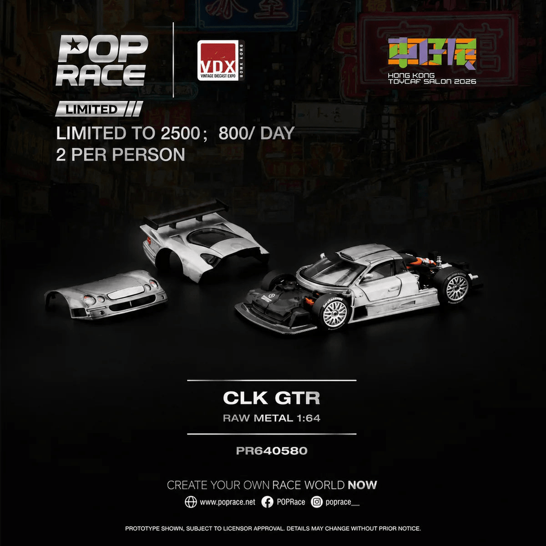 Pop Race x VDX - Mercedes-Benz CLK AMG GTR - Raw Metal *Hong Kong Toy Car Salon 2026 Exclusive* - Top CollectiblesDiecastPop Race