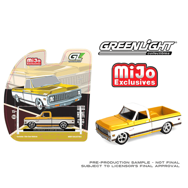 *Pre - Order* Greenlight - 1972 Chevrolet C - 10 Short Bed Custom – Mustard Yellow with White Two - Tone – Mijo Exclusives - Top CollectiblesDiecastGreenlight