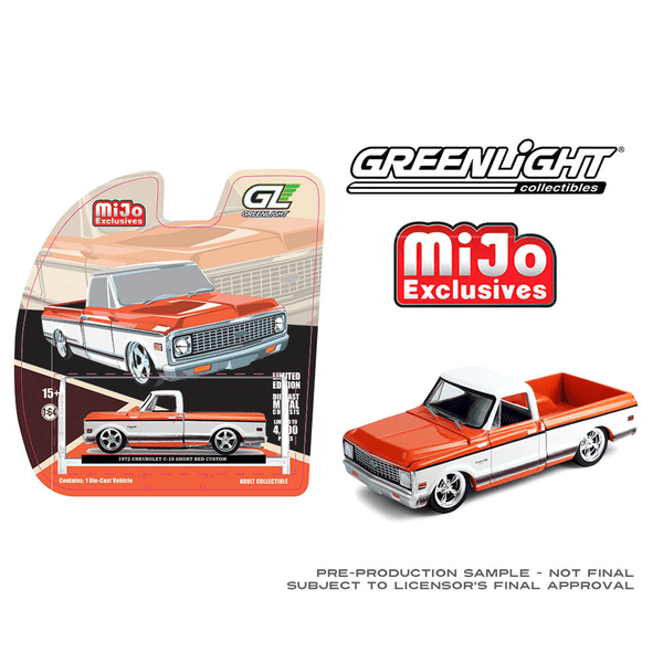 *Pre - Order* Greenlight - 1972 Chevrolet C - 10 Short Bed Custom – Orange with White Two - Tone – Mijo Exclusives - Top CollectiblesDiecastGreenlight