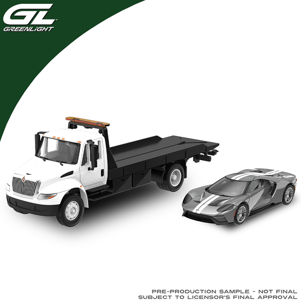 *Pre-Order* Greenlight - International Durastar 4400 with 2017 Ford GT – Liquid Grey with White Stripes (Hobby Exclusives) – Limited Edition - Top CollectiblesDiecastGreenlight