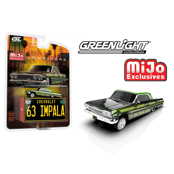 *Pre-Order* Greenlight - Lowriders 1963 Chevrolet Impala SS w/ Mini Metal License Plate – Dark Green – Mijo Exclusives - Top CollectiblesDiecastGreenlight