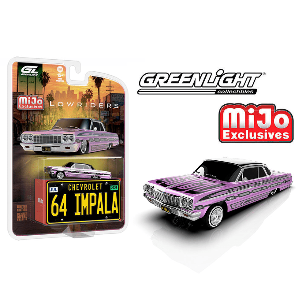*Pre-Order* Greenlight - Lowriders 1964 Chevrolet Impala SS w/ Mini Metal License Plate – Pink – Mijo Exclusives - Top CollectiblesDiecastGreenlight