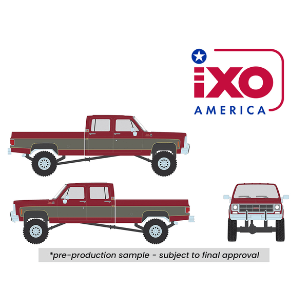*Pre - Order* IXO Models - 1977 GMC Sierra Grande K2500 Crew Cab Wideside – Dark Red Metallic and Silver Special Two - Tone – Lifted – Limited Edition - Top CollectiblesDiecastIXO Models