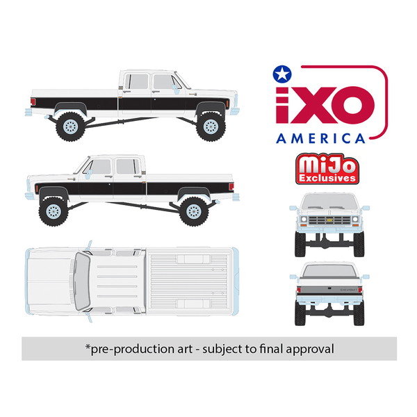 *Pre - Order* IXO Models - 1978 Chevrolet Silverado K30 Crew Cab Fleetside Lifted – White w/ Black Two Tone – Limited Edition – Mijo Exclusives - Top CollectiblesDiecastIXO Models