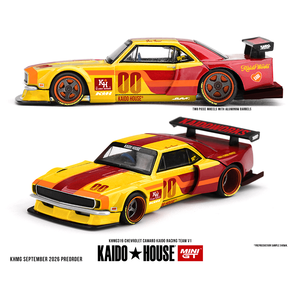 *Pre-Order* Kaido House x Mini GT - Chevrolet Camaro Kaido Racing Team V1 - Red with Yellow Two-Tone *Sealed, Possibility of a Chase* - Top CollectiblesDiecastMini GT