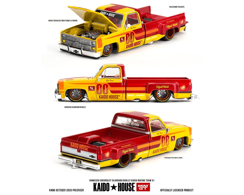 *Pre-Order* Kaido House x Mini GT - Chevrolet Silverado Dually Kaido Racing Team V1 – Yellow Red Two- Tone *Sealed, Possibility of a Chase* - Top CollectiblesDiecastMini GT