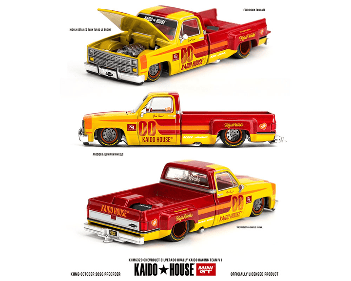 *Pre-Order* Kaido House x Mini GT - Chevrolet Silverado Dually Kaido Racing Team V1 – Yellow Red Two- Tone *Sealed, Possibility of a Chase* - Top CollectiblesDiecastMini GT