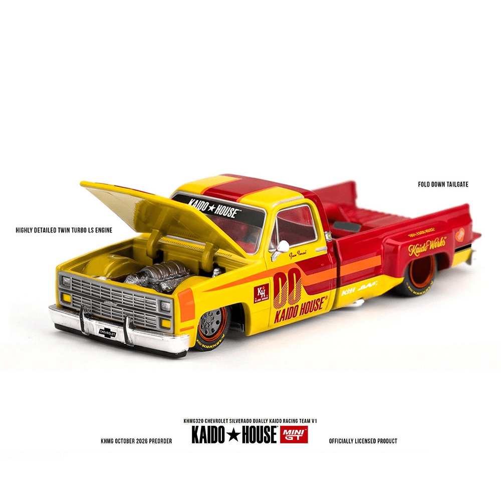 *Pre-Order* Kaido House x Mini GT - Chevrolet Silverado Dually Kaido Racing Team V1 – Yellow Red Two- Tone *Sealed, Possibility of a Chase* - Top CollectiblesDiecastMini GT
