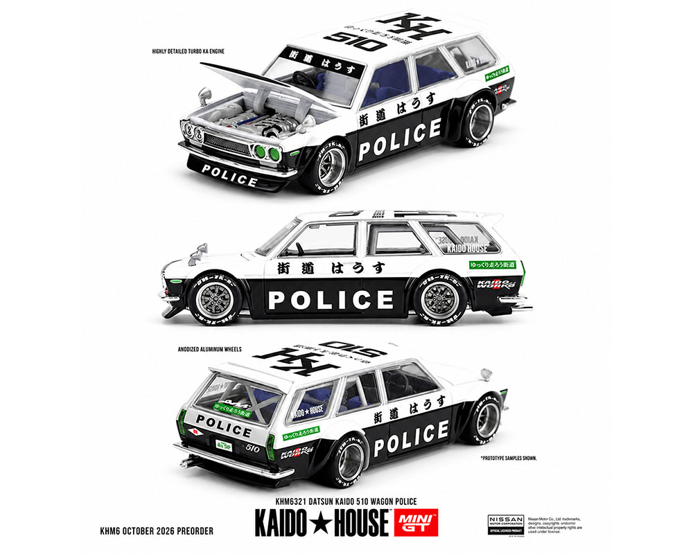 *Pre-Order* Kaido House x Mini GT - KAIDO 510 Wagon Police – Black White Two-Tone *Sealed, Possibility of a Chase* - Top CollectiblesDiecastMini GT