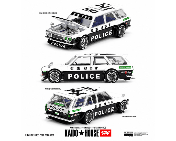 *Pre-Order* Kaido House x Mini GT - KAIDO 510 Wagon Police – Black White Two-Tone *Sealed, Possibility of a Chase* - Top CollectiblesDiecastMini GT