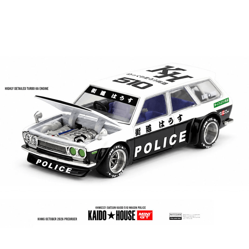 *Pre-Order* Kaido House x Mini GT - KAIDO 510 Wagon Police – Black White Two-Tone *Sealed, Possibility of a Chase* - Top CollectiblesDiecastMini GT
