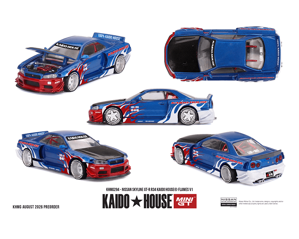 *Pre-Order* Kaido House x Mini GT - Nissan Skyline GT-R R34 Kaido House Flames V1 *Sealed, Possibility of a Chase* - Top CollectiblesDiecastMini GT