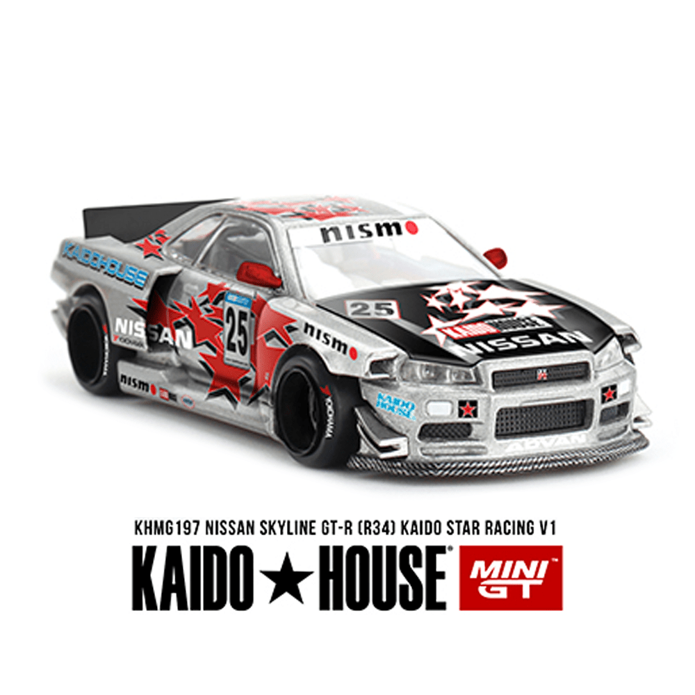 *Pre - Order* Kaido House x Mini GT - Nissan Skyline GT - R (R34) Kaido Star Racing V1 - Silver *Sealed, Possibility of a Chase* - Top CollectiblesDiecastMini GT