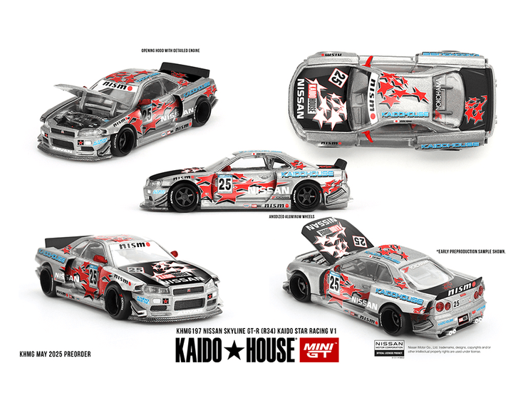 *Pre - Order* Kaido House x Mini GT - Nissan Skyline GT - R (R34) Kaido Star Racing V1 - Silver *Sealed, Possibility of a Chase* - Top CollectiblesDiecastMini GT
