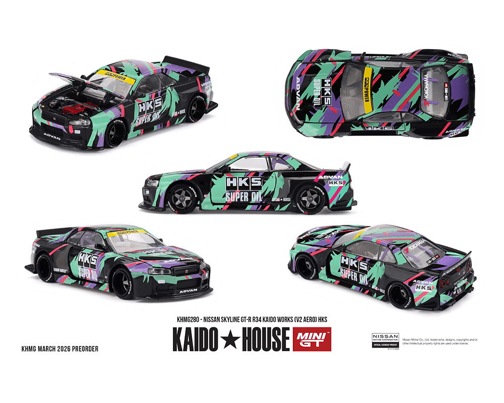 *Pre - Order* Kaido House x Mini GT - Nissan Skyline GT - R R34 Kaido Works (V2 Aero) HKS – Limited Edition *Sealed, Possibility of a Chase* - Top CollectiblesDiecastMini GT