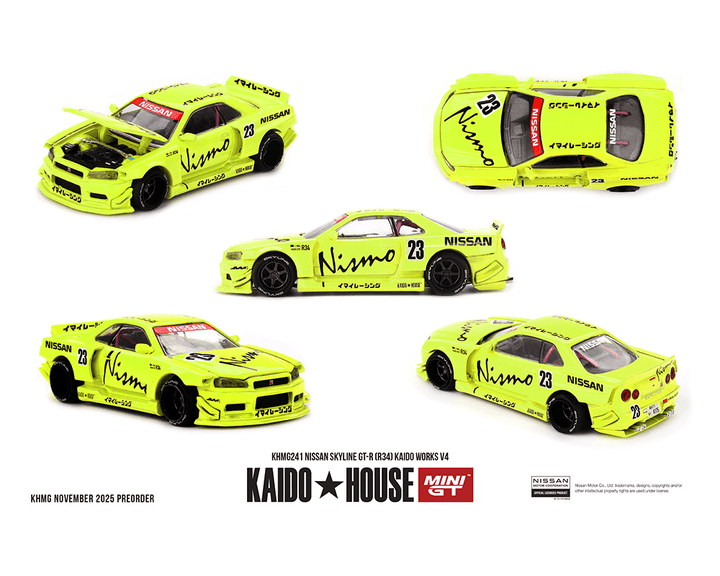 *Pre - Order* Kaido House x Mini GT - Nissan Skyline GT - R (R34) Kaido Works V4 – Yellow *Sealed, Possibility of a Chase* - Top CollectiblesDiecastMini GT