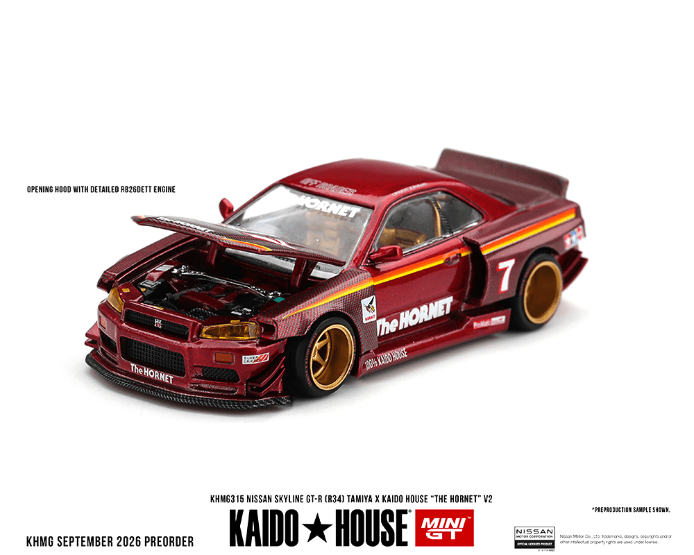 *Pre-Order* Kaido House x Mini GT - Nissan Skyline GT-R (R34) TAMIYA x KAIDO HOUSE “The Hornet” V2 – M. Red Carbon *Sealed, Possibility of a Chase* - Top CollectiblesDiecastMini GT