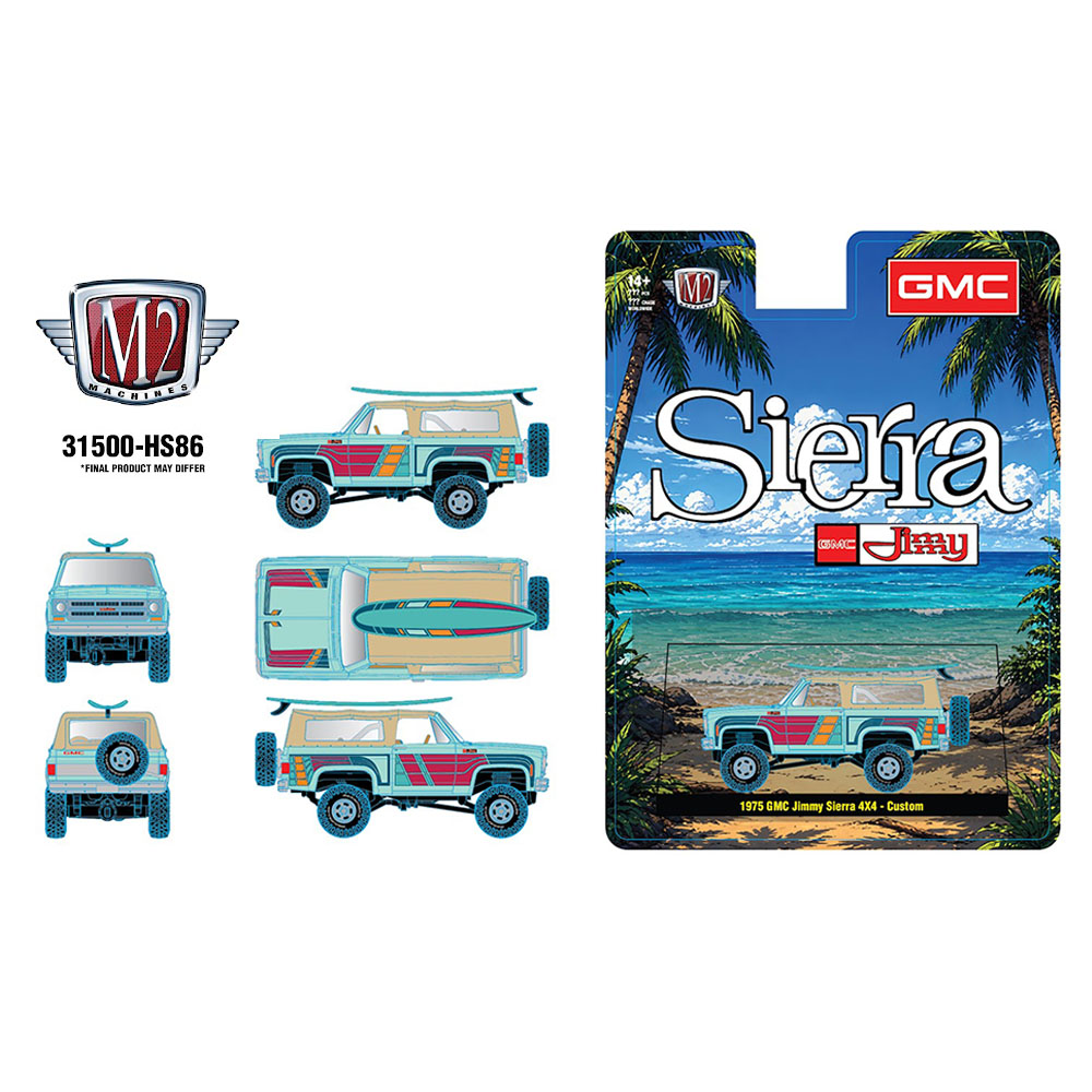 *Pre - Order* M2 Machines - 1975 GMC Jimmy Sierra 4×4 Custom w/ Surfboard – Turquoise – Hobby Exclusive - Top CollectiblesDiecastM2 Machines