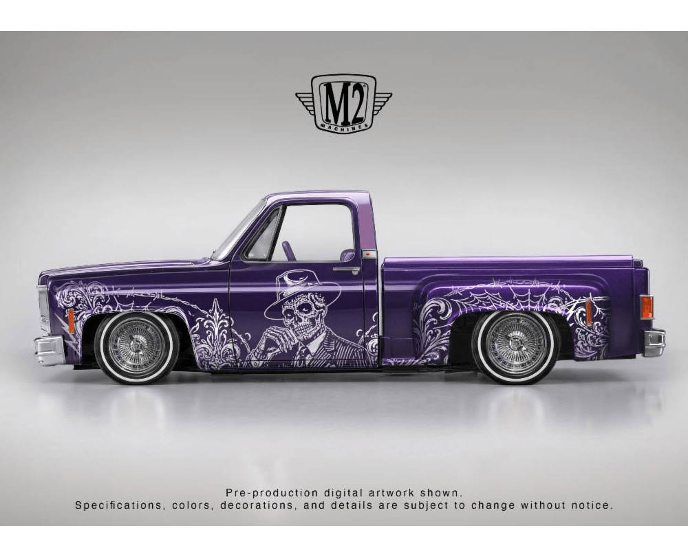 *Pre-Order* M2 Machines - 1979 Chevrolet Silverado Stepside “Dia De Los Muertos” – Purple – Hobby Exclusive - Top CollectiblesDiecastM2 Machines