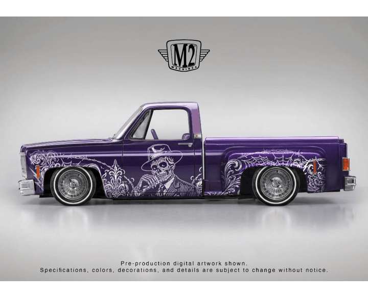 *Pre-Order* M2 Machines - 1979 Chevrolet Silverado Stepside “Dia De Los Muertos” – Purple – Hobby Exclusive - Top CollectiblesDiecastM2 Machines