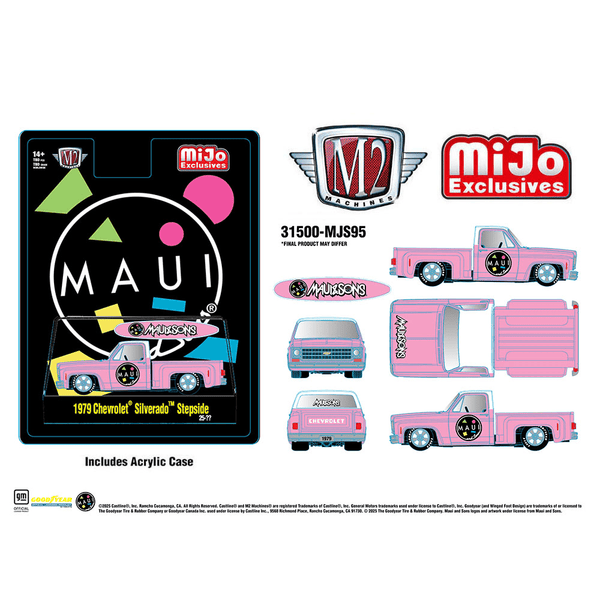 *Pre - Order* M2 Machines - 1979 Chevrolet Silverado Stepside with Surfboard Maui & Sons – Pink – MiJo Exclusives Limited Edition - Top CollectiblesDiecastM2 Machines